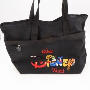 Disney Tote Bag Unisex Large Black Walt Disney World Embroidered Canvas Zip Top